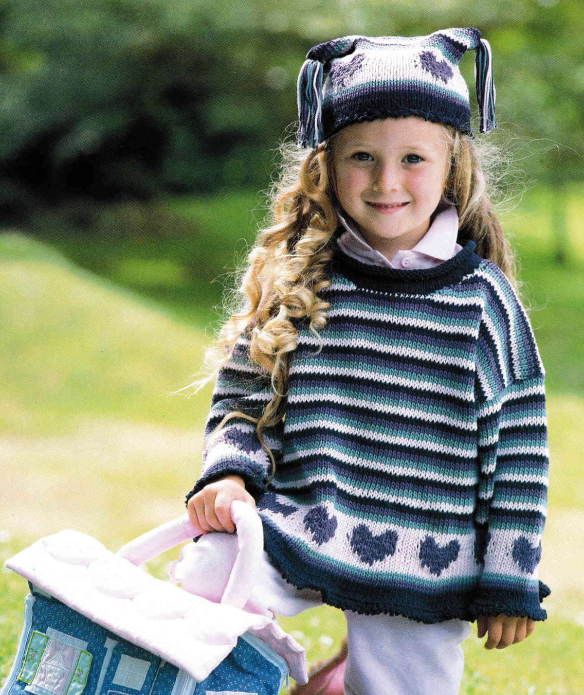 Girl's Hearts- Round Neck Stripe sweater- Tunic & Hat- Aran 10 ply worsted wool size 20 - 28" Chest= Knitting Pattern Download PDF- No chart