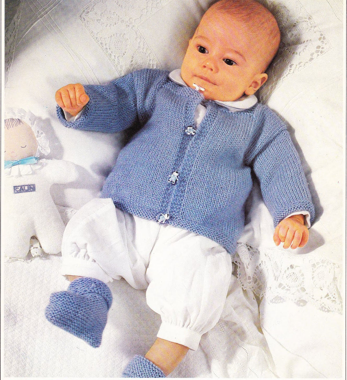 Easy Knit Baby Cardigan Sweater & Bootees Newborn Boys Girls Motif 17"~ DK 8 Ply Light Worsted Knitting Pattern pdf download