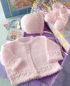 Girl's Lace Border picot hem Cardigan- Bonnet & Bootees in DK- (8PLY) light worsted yarn- Fits Newborn 18"