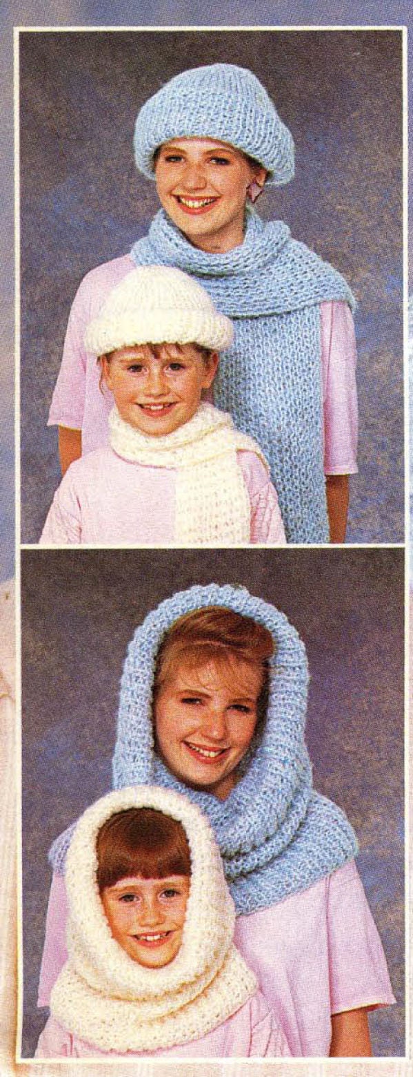 Easy Beginners winter Hat's Scarf & Cowl hood Knitting Pattern in Brushed Chunky-Bulky yarn- Girls- Womans sizes - Download PDF