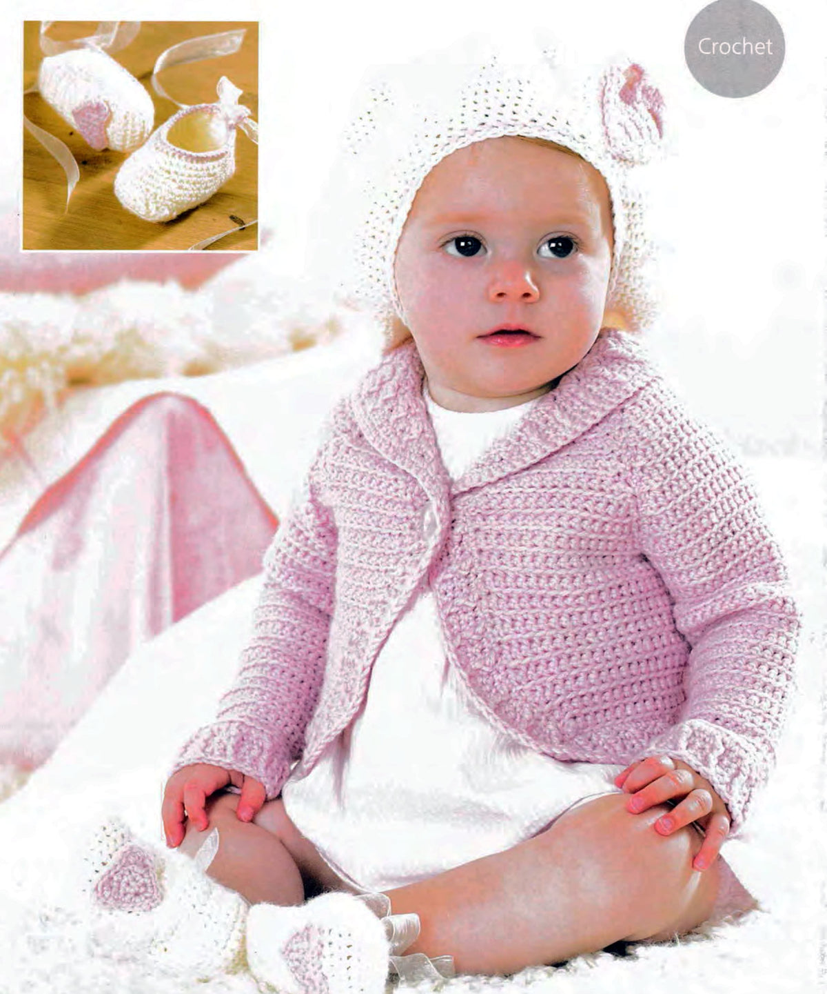 Baby Crochet Bolero Cardigan- Beret & Slippers- DK 8 Ply Light Worsted yarn  16 - 20" Birth -2 years Crochet Pattern- Download PDF