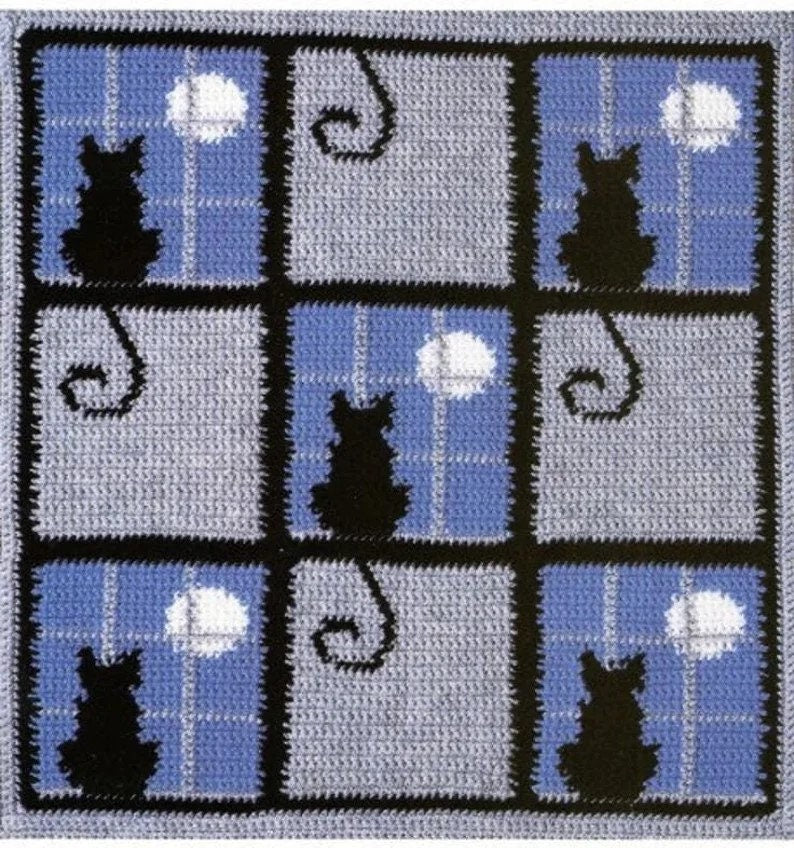 Crochet Cat in the Window Afghan Blanket Throw & Pillow Moonlight Silhouette Cushion ~ Pattern Aran Worsted 10 Ply PDF Instant download
