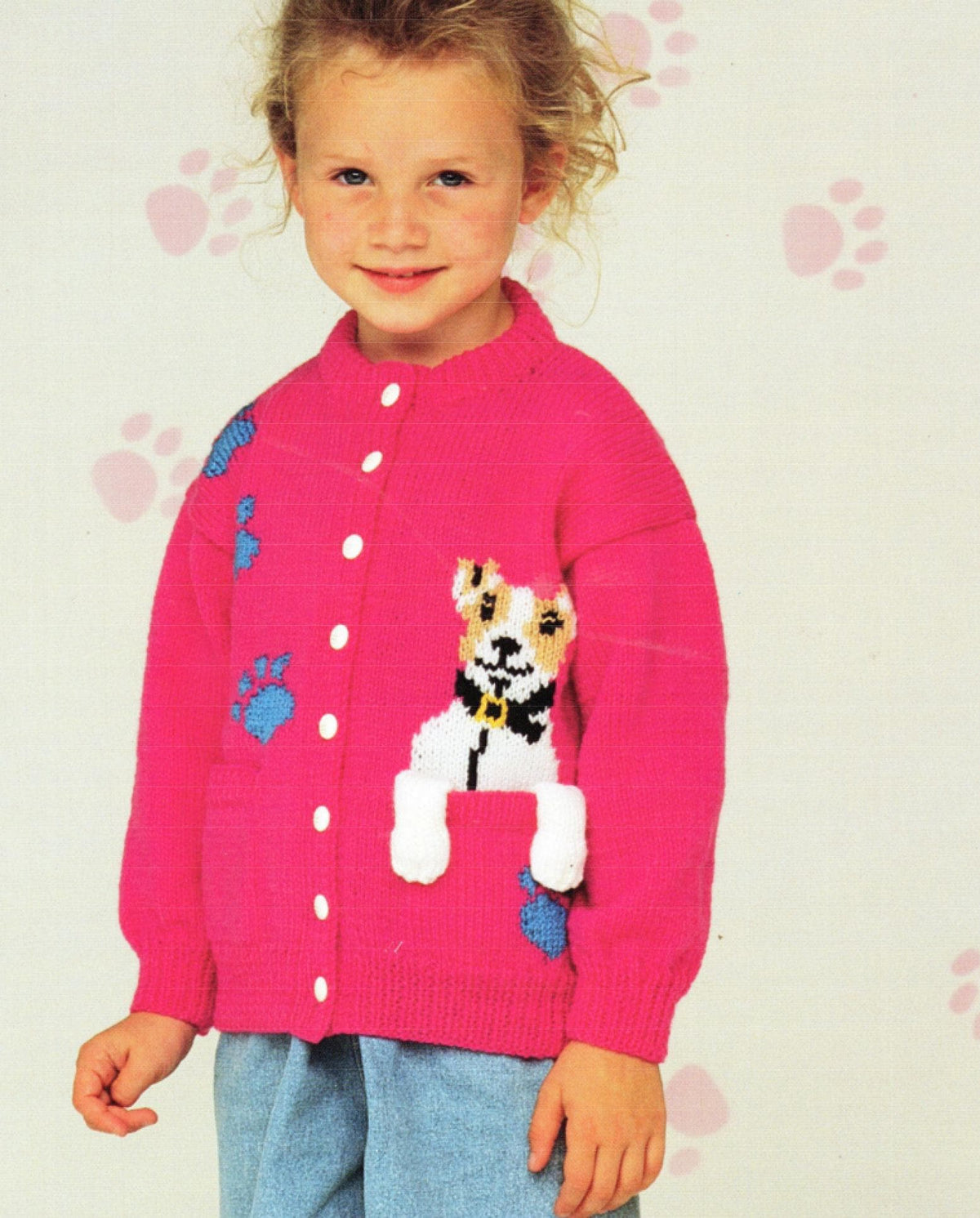 Girl Toddler Long sleeved Puppy Dog Cardigan with Dog paw pockets ~Intarsia DK- 8ply -22"- 28" (2 -9y) Knitting Pattern Instant Download PDF