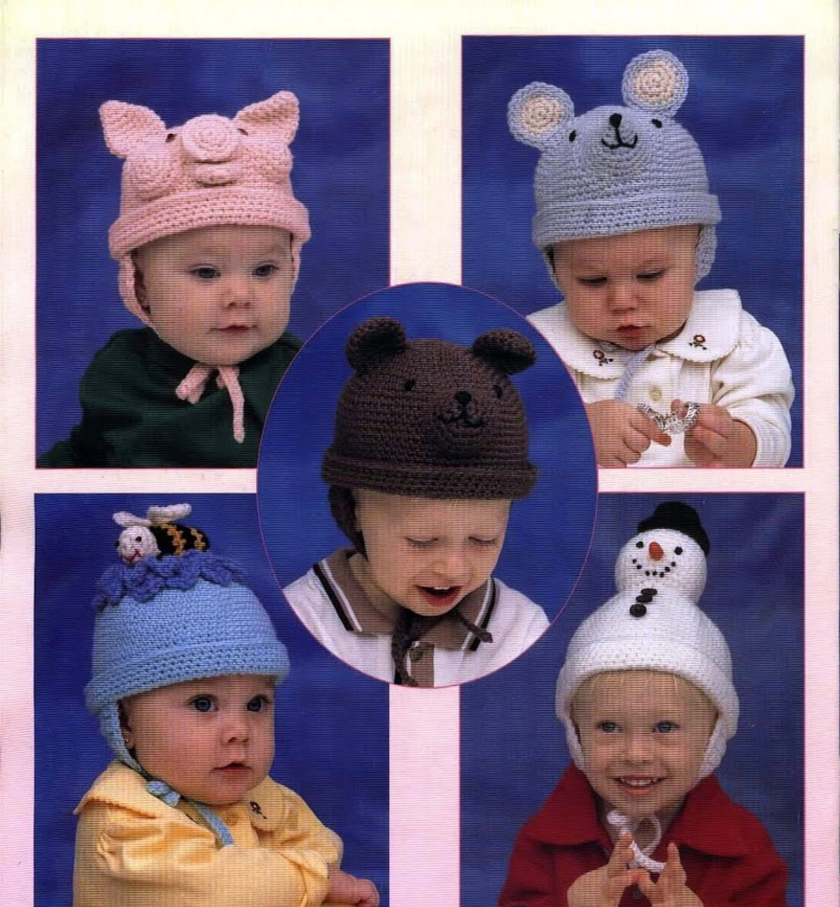 Baby Children's Novelty Crochet Hats 7 styles, Bee, mouse, pig, snowman, bear, turtle and ladybug -Worsted yarn Crochet pattern Download PDF
