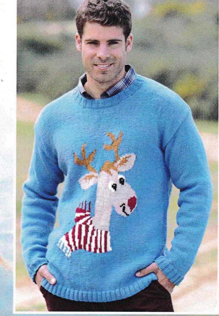 Man's Woman's Rudolf Christmas- Festive sweater- Jumper-  DK/8 ply- chest 32-54 Inch chest Instant download Knitting Pattern PDF- Bottom Up