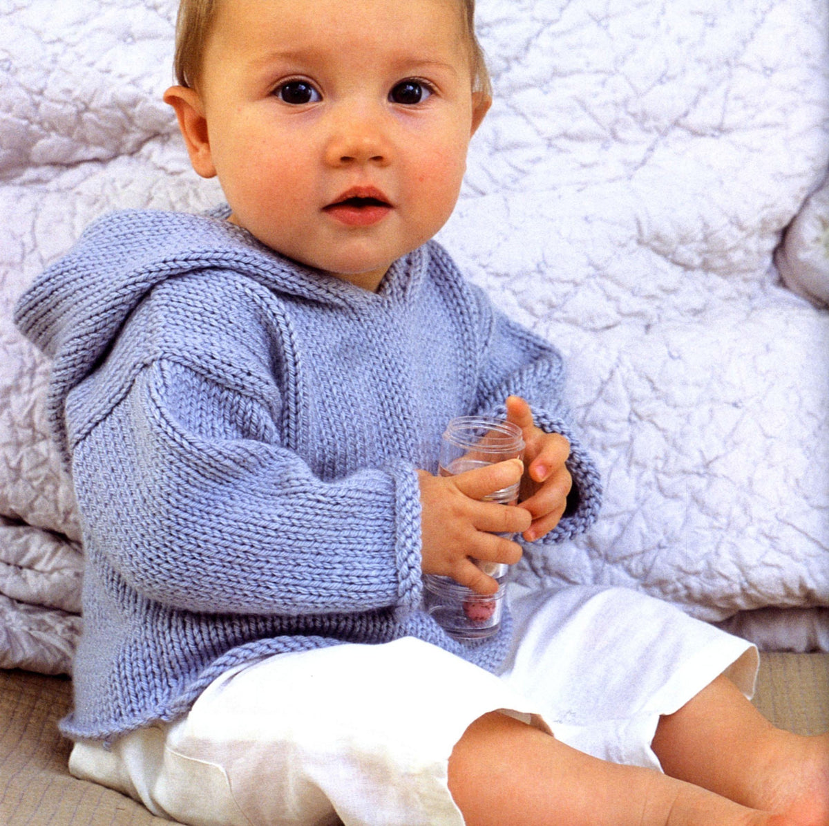 Baby Hooded Sweater - Roll cuffs, stocking stitch- easy pattern Worsted Aran 10 ply  yarn - 0 -2 yrs knitting pattern download PDF boy- Girl