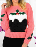 Woman's Holly & Pudding Motif Christmas Sweater-Jumper 32"-42" Sweater in DK- 8 ply Light worsted wool Knitting Pattern PDF  download