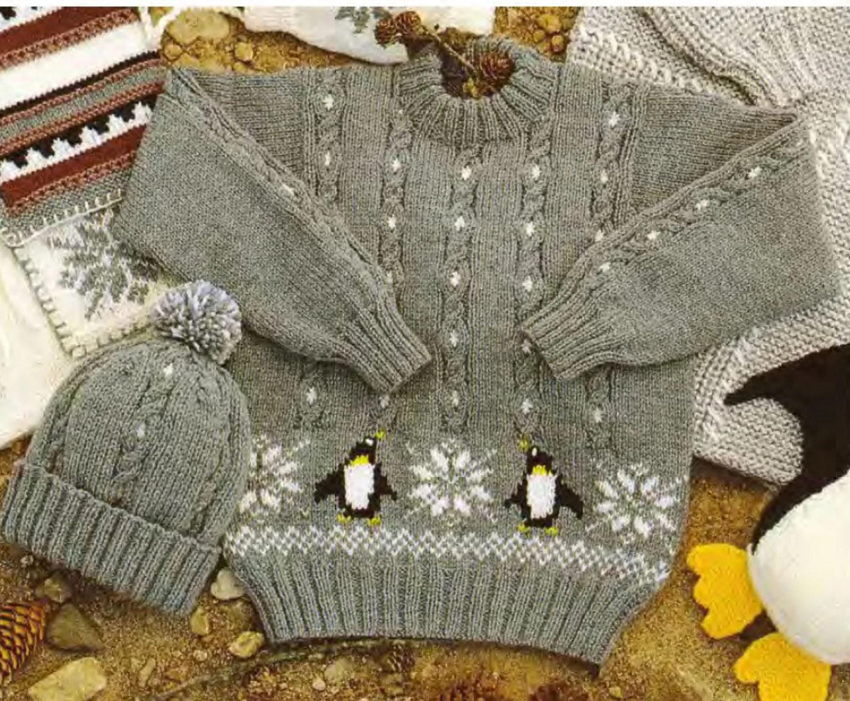 Penguin Baby Childrens Sweater & Hat with Backpack- Toy 20" ~ 30" -1/11 yrs DK 8 Ply Light Worsted Knitting Pattern PDF Instant download