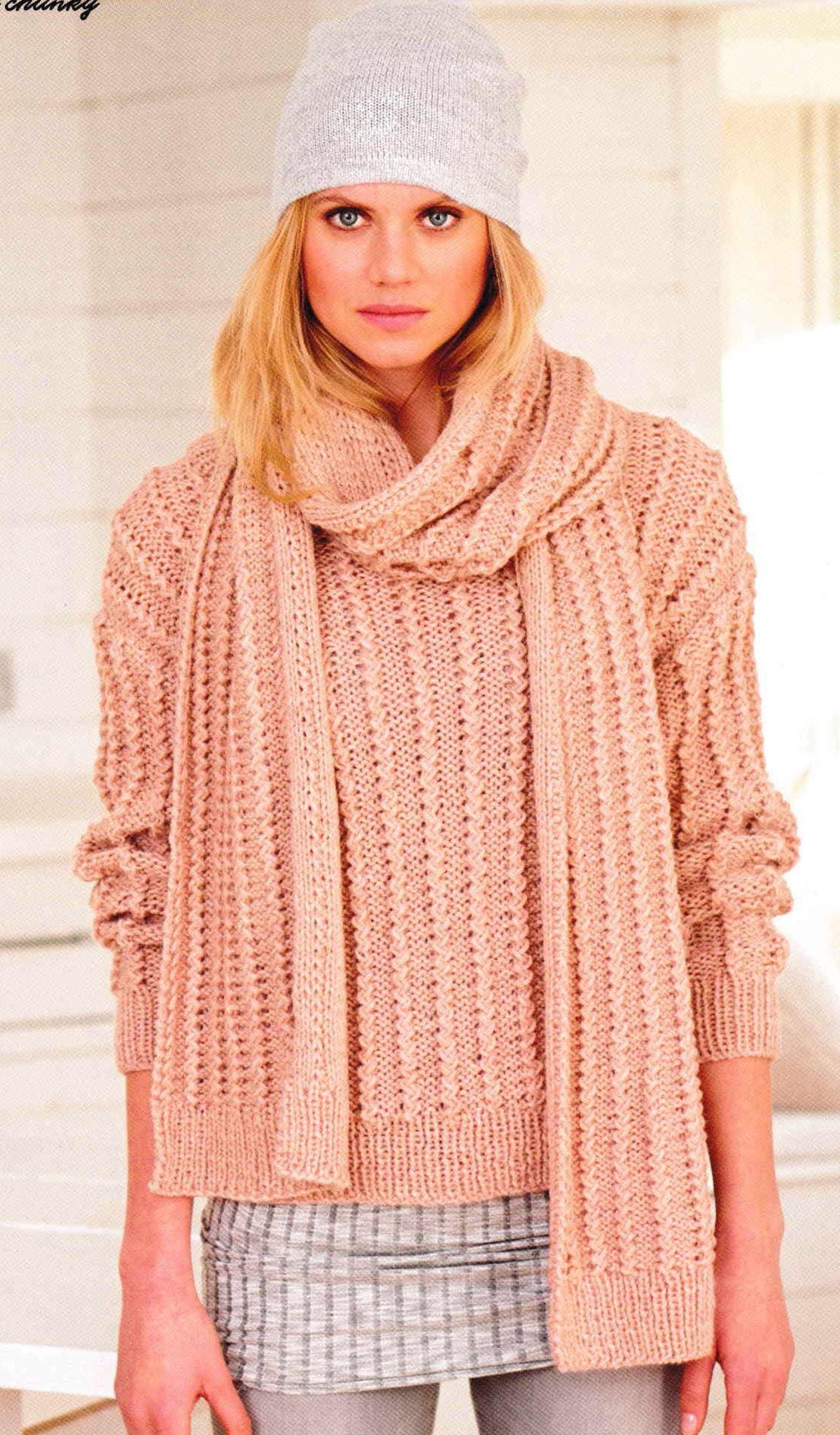 Woman's Textured Cable Sweater & Scarf In Chunky Bulky 12 ply Yarn-  32" - 43~ Chunky Knitting Pattern PDF download- Winter Knitting