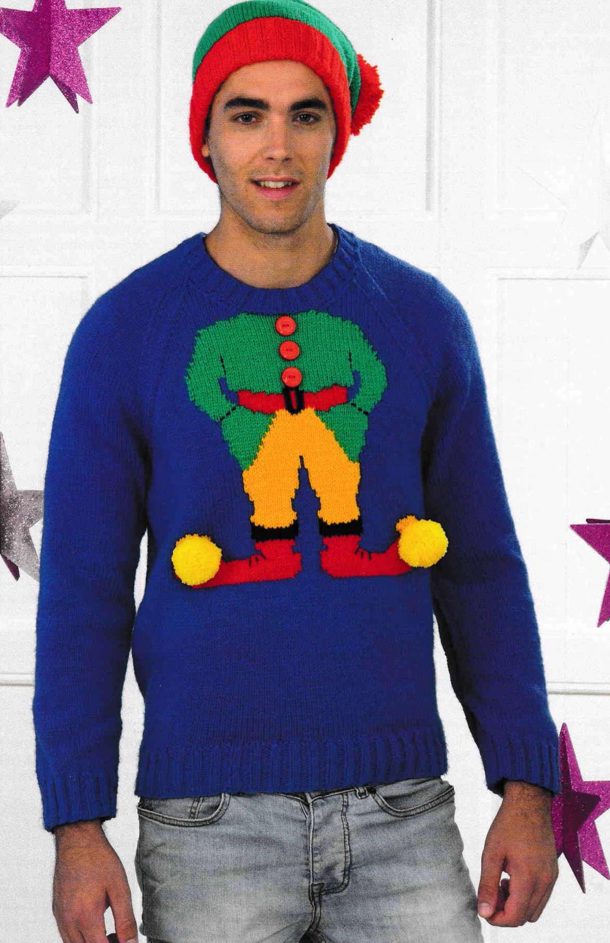 Mans  Elf Christmas Sweater-Jumper 38"-48"Sweater in DK- 8 ply Light worsted wool Knitting Pattern PDF  download