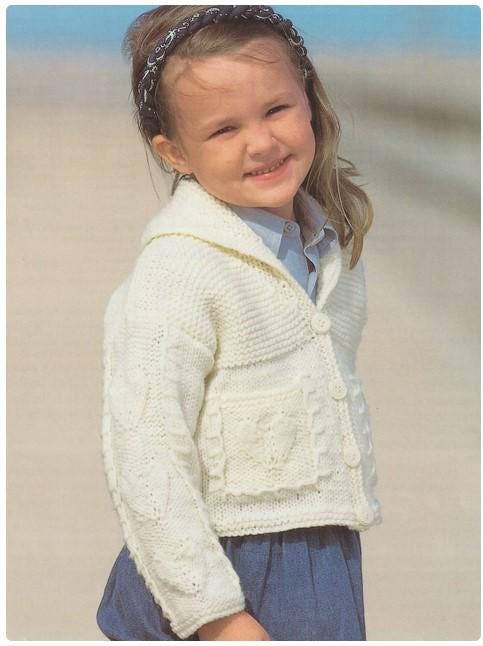 Girl's Sailor Collar Cardigan- Heart pattern & pockets  22" - 30" quick easy knit, aran 10 ply worsted wool Knitting Pattern Download PDF