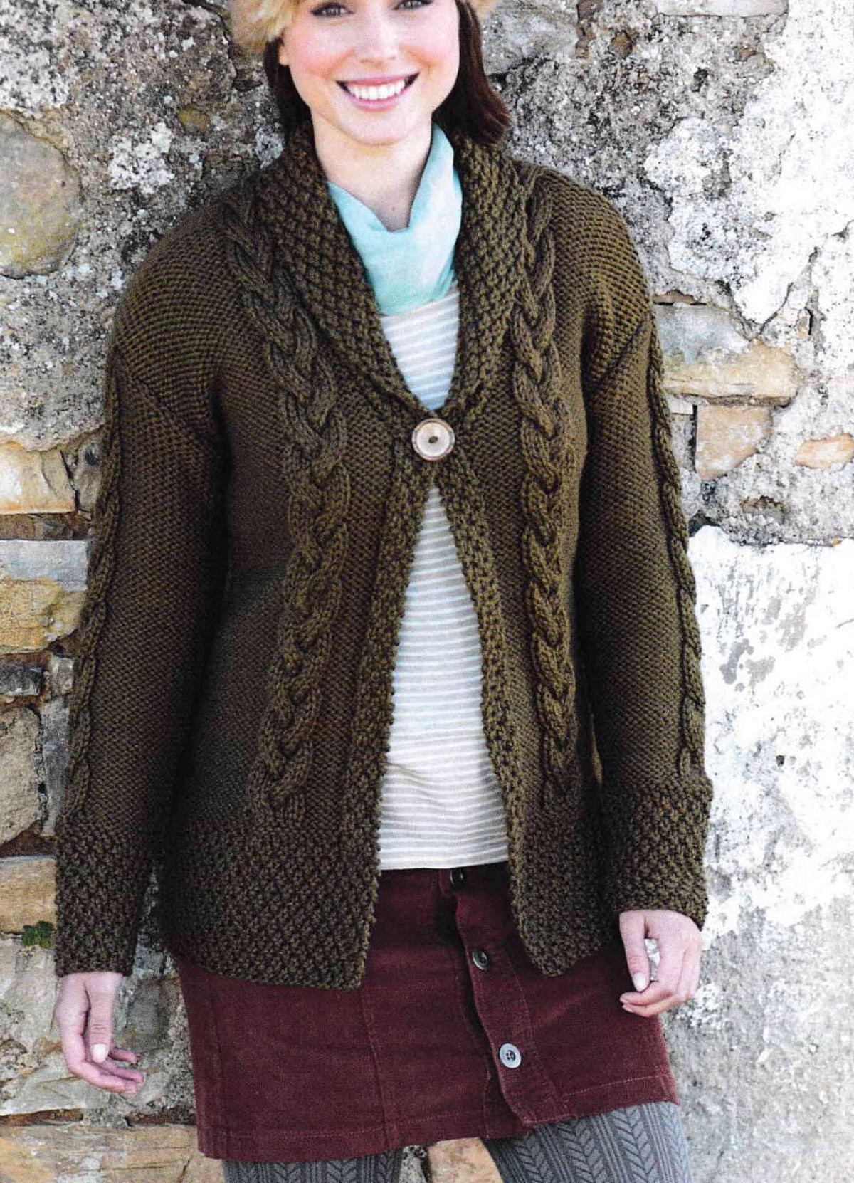 Woman's Cable Bramble stitch- Reverse St St- Jacket- cardigan with collar in Chunky Bulky Yarn- fits 32" -42"  Knitting pattern Download PDF