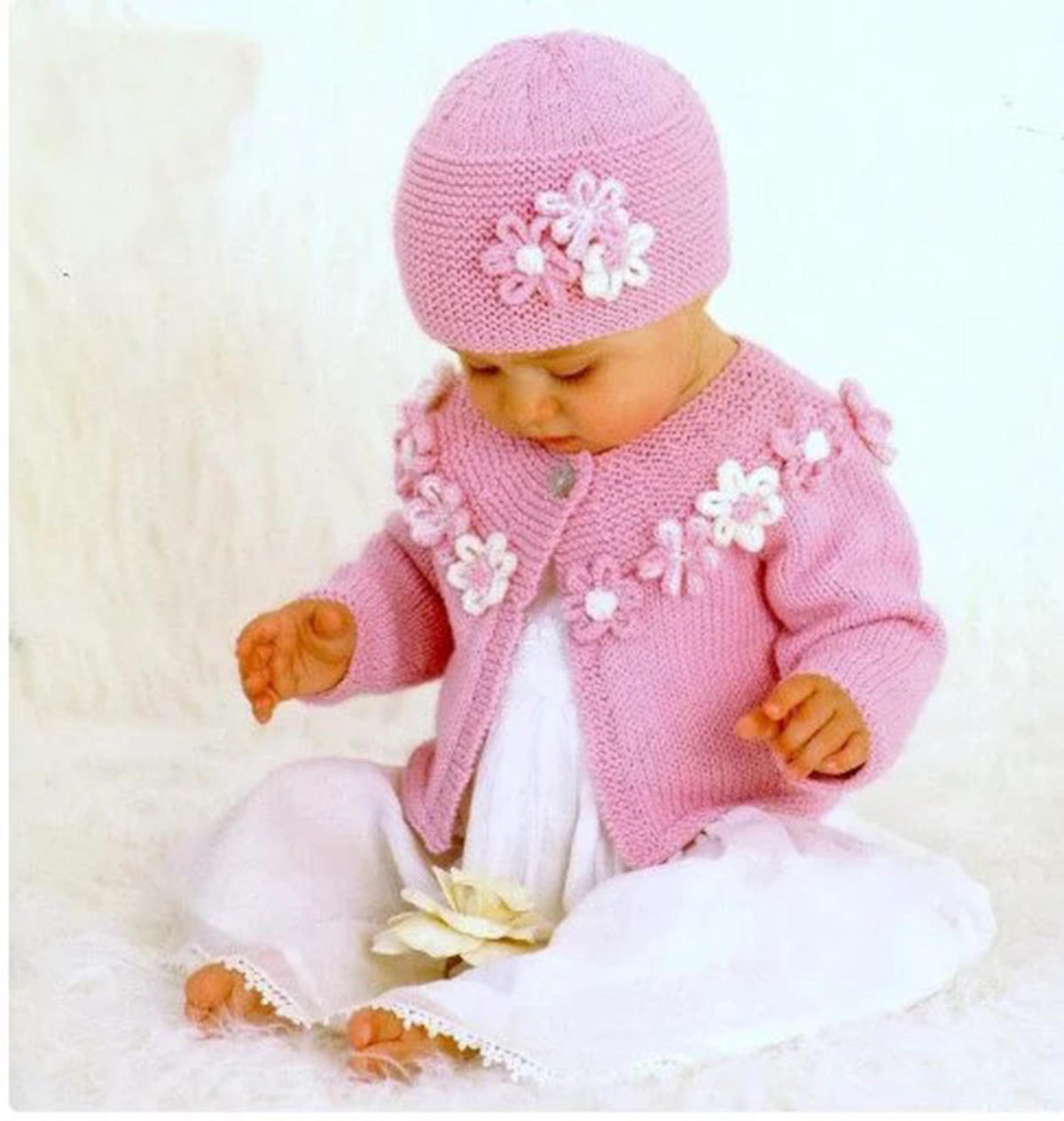 Babies Toddler Garter Stitch yoke-Cardigan & flowers - Raglan - Hat 8ply- DK- light Worsted -Knitting Pattern- PDF- Digital Download 0-3yrs