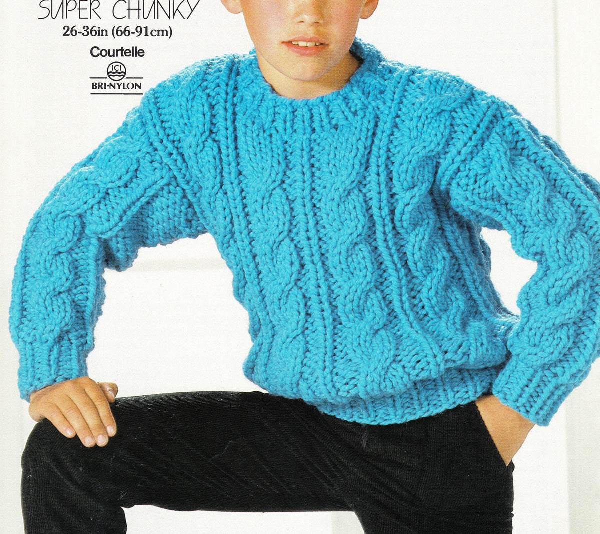 Boy's Round neck Cable  Super Chunky Sweater-  Super Chunky Super Bulky 14 Ply wool 26-36" Easy Quick knit Boys pattern download PDF