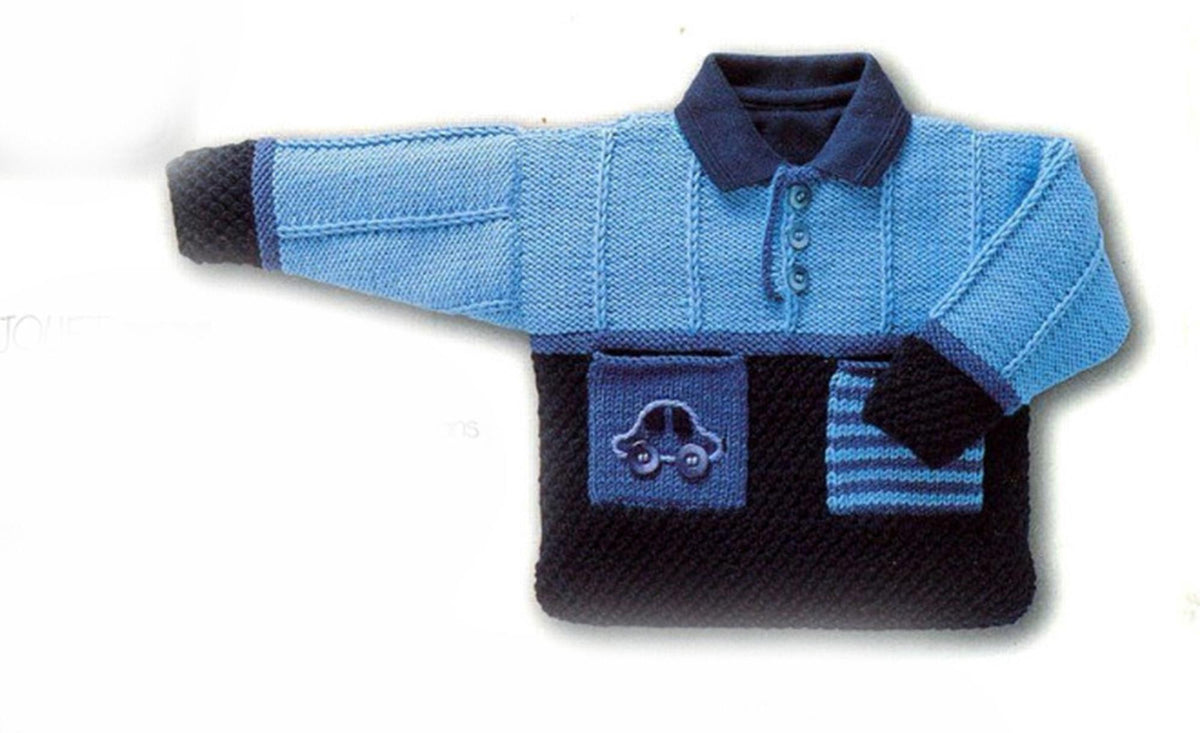 Boys Car sweater with Collar & Pockets- Button front DK 8 Ply Light worsted yarn 12 months-8 years- PDF Instant download Knitting Pattern