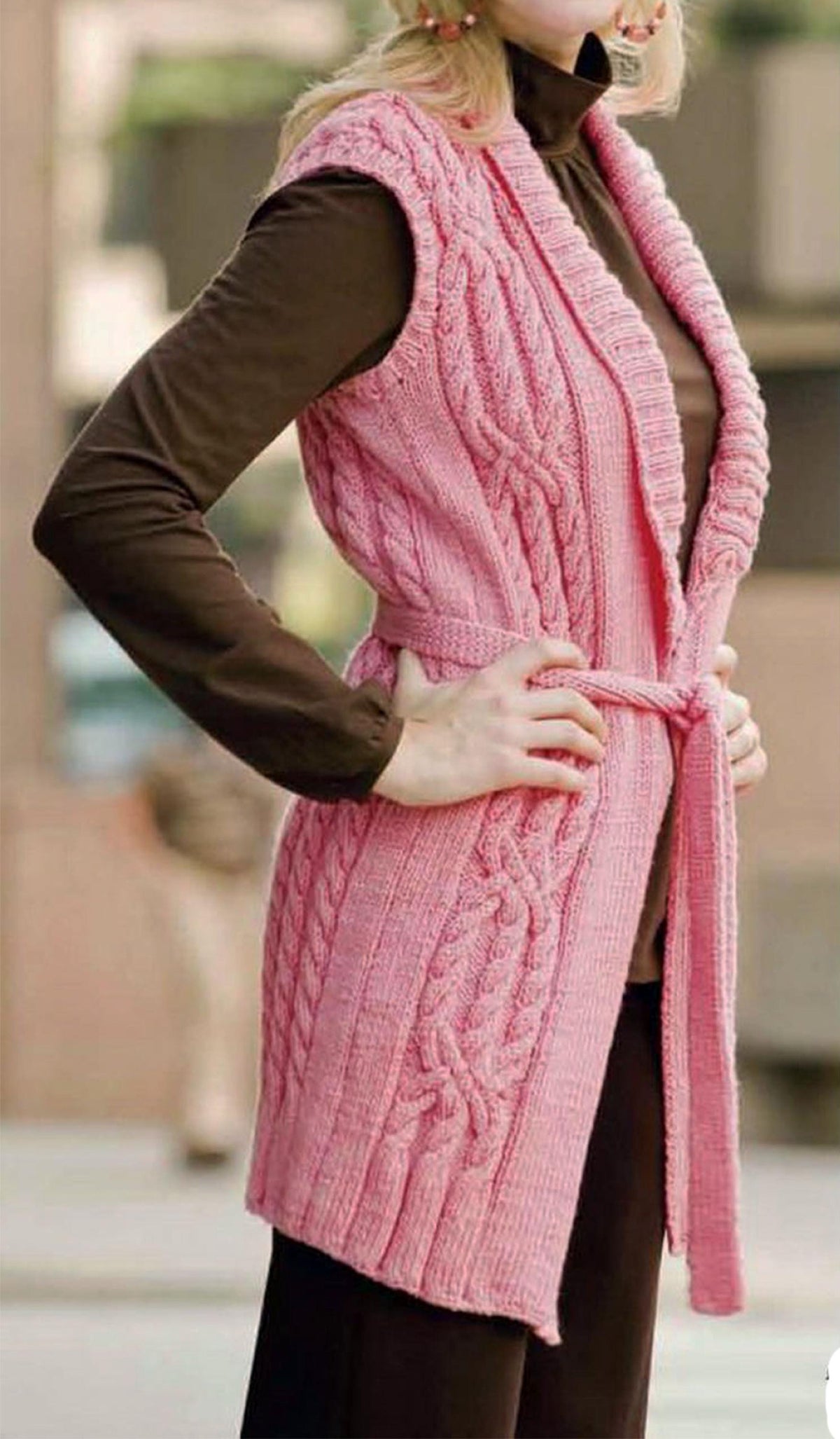 Womens Aran Cable sleeveless Cardigan Coat Jacket -Shawl Collar with Belt-38" - 50" Worsted Aran 10ply Yarn Knitting Pattern  PDF Download