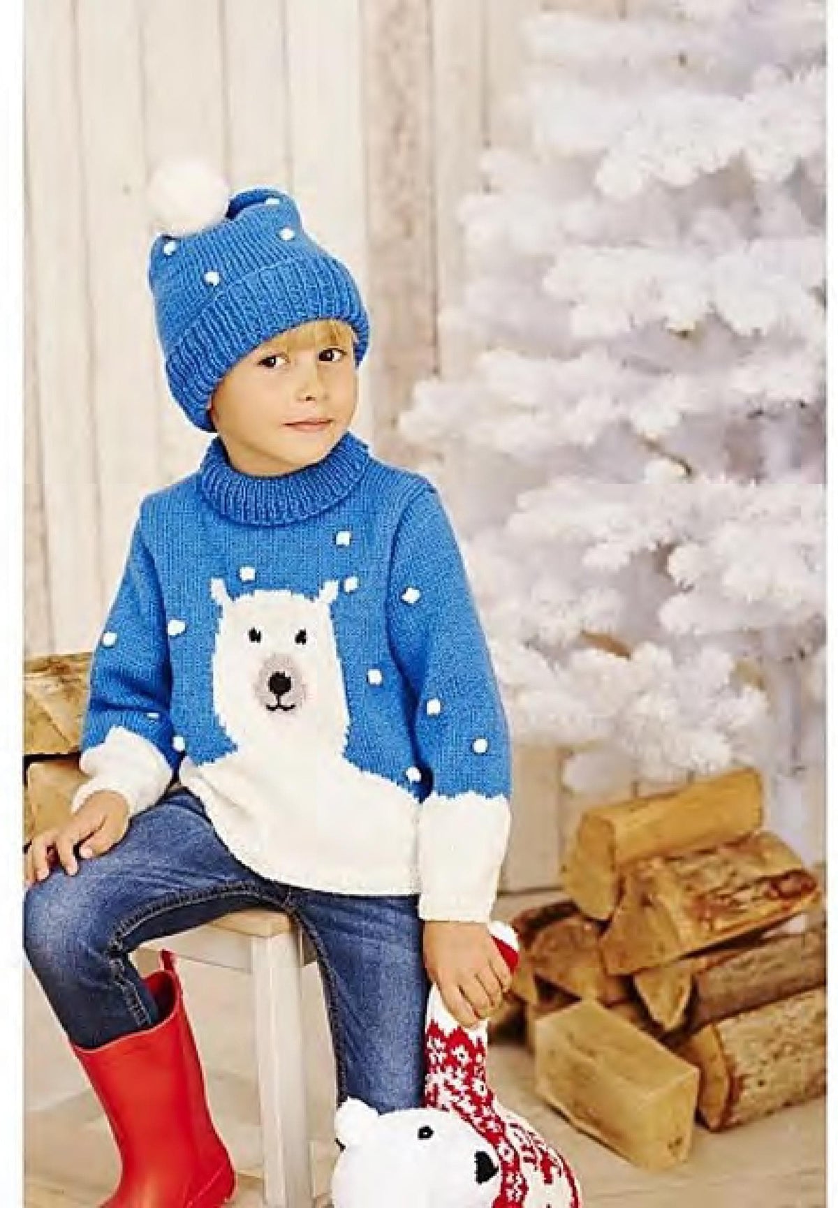 Childs Polar Bear Christmas Sweater & Hat in DK 8 Ply Light worsted wool-fits 2-7 years (25-29") chest. Knitting pattern Download PDF