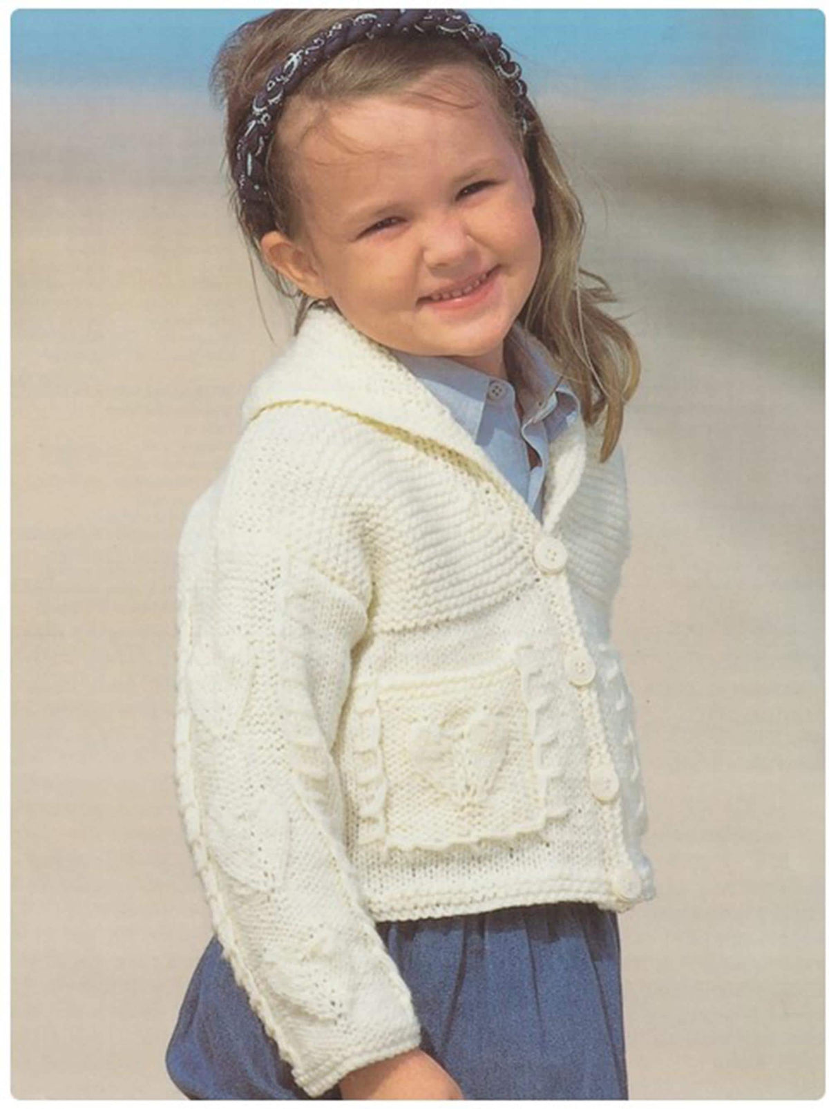 Girl's Sailor Collar Cardigan- Heart pattern & pockets  22" - 30" quick easy knit, aran 10 ply worsted wool Knitting Pattern Download PDF