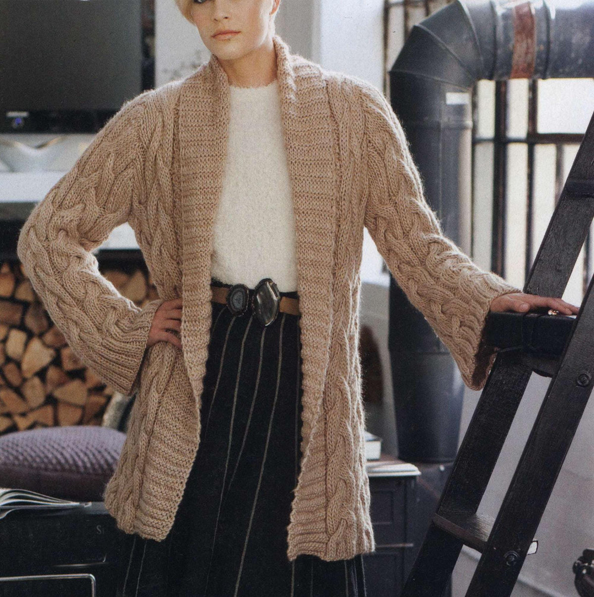 Woman's Cable Knit Chunky- Bulky Edge to edge Coat- Cardigan Shawl collar-loose fit Easy Quick Knit- 35-54" chest- Download Knitting Pattern