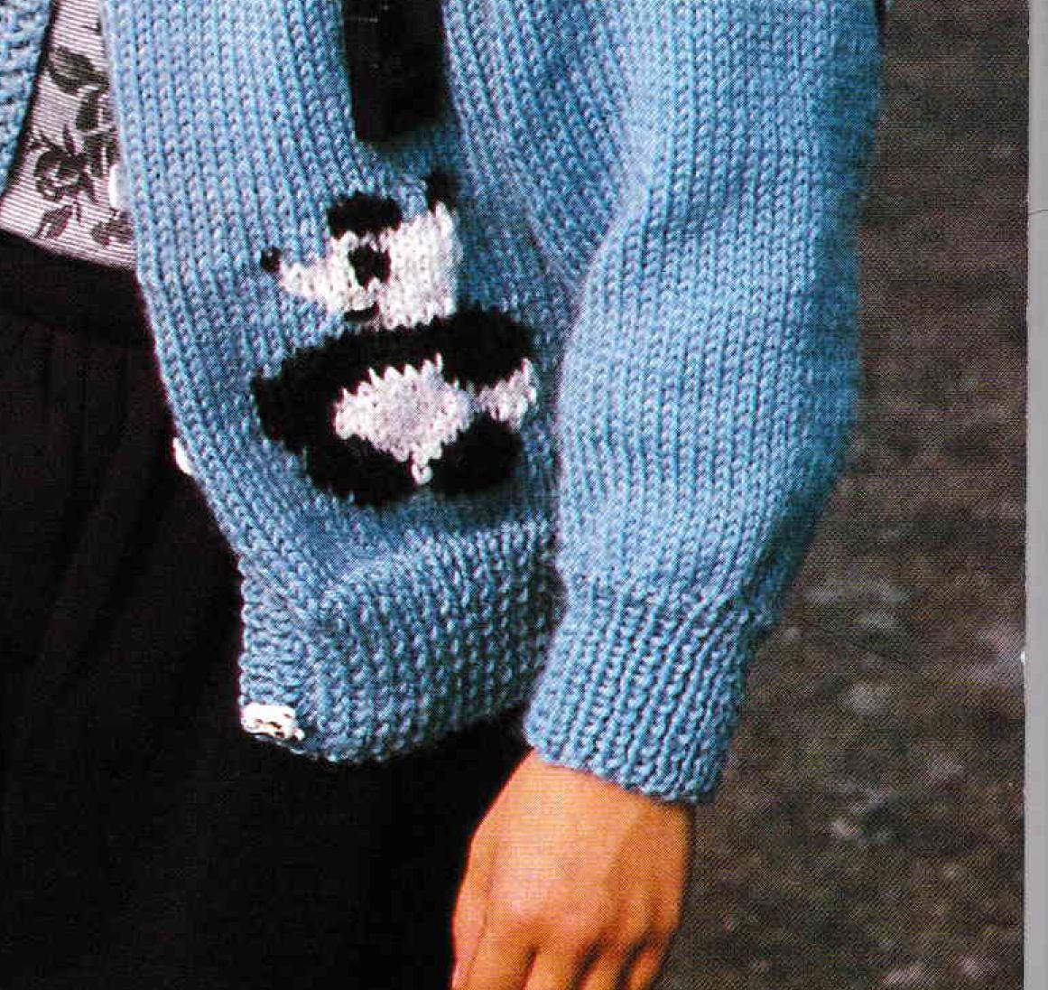 Round Neck Panda Motif Cardigan -Childs Cardigan- sizes  age 4 12 years- Aran 10 ply Worsted yarn needed-Knitting Pattern pdf Download