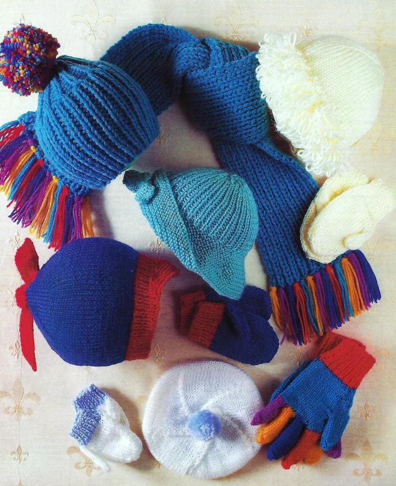 Childs Hats Scarf Gloves & mitts - 4 styles suitable for Boys and Girls- DK 8 Ply- Light worsted Knitting Pattern PDF  download