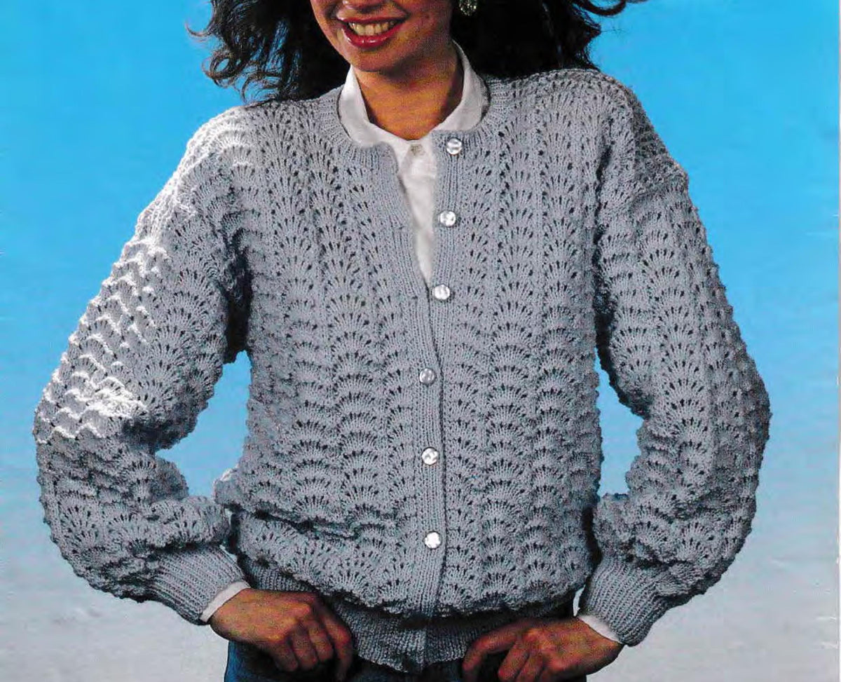 Woman's Scallop Lace Cardigan - round Neck with drop sleeves- DK (8PLY) 30 - 40" Download PDF Knitting Pattern- Vintage knits
