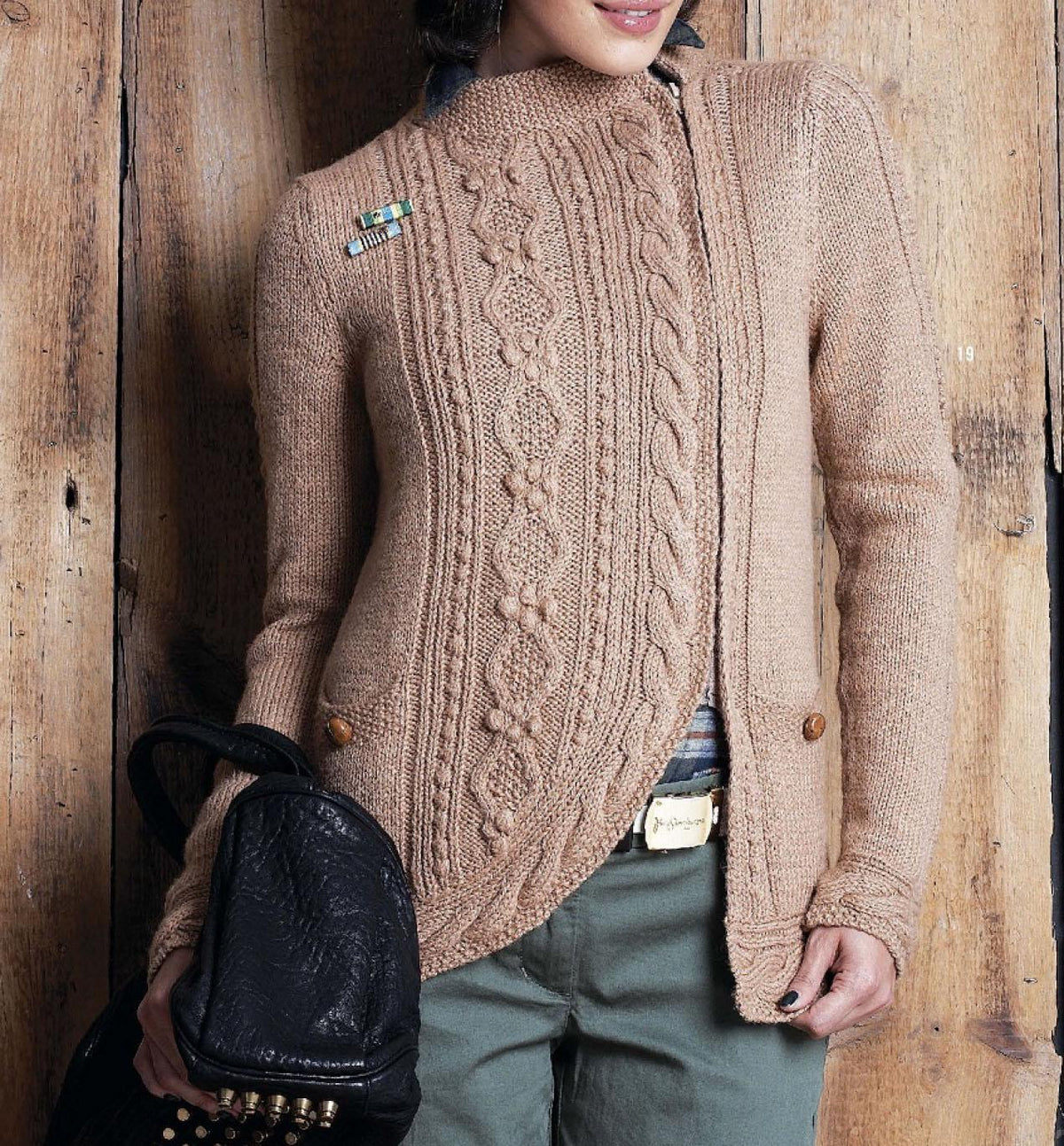 Woman's Off Centre Zip Cardigan-Jacket with Diamond Bobble Cable Front - Cable hems- Set in sleeves 35"- 42"