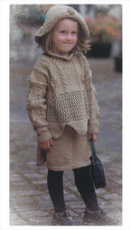 Girls Roll neck cable mesh Tunic-sweater skirt & Paddington hat 30"-36" DK 8 Ply Light worsted PDF download Knitting Pattern
