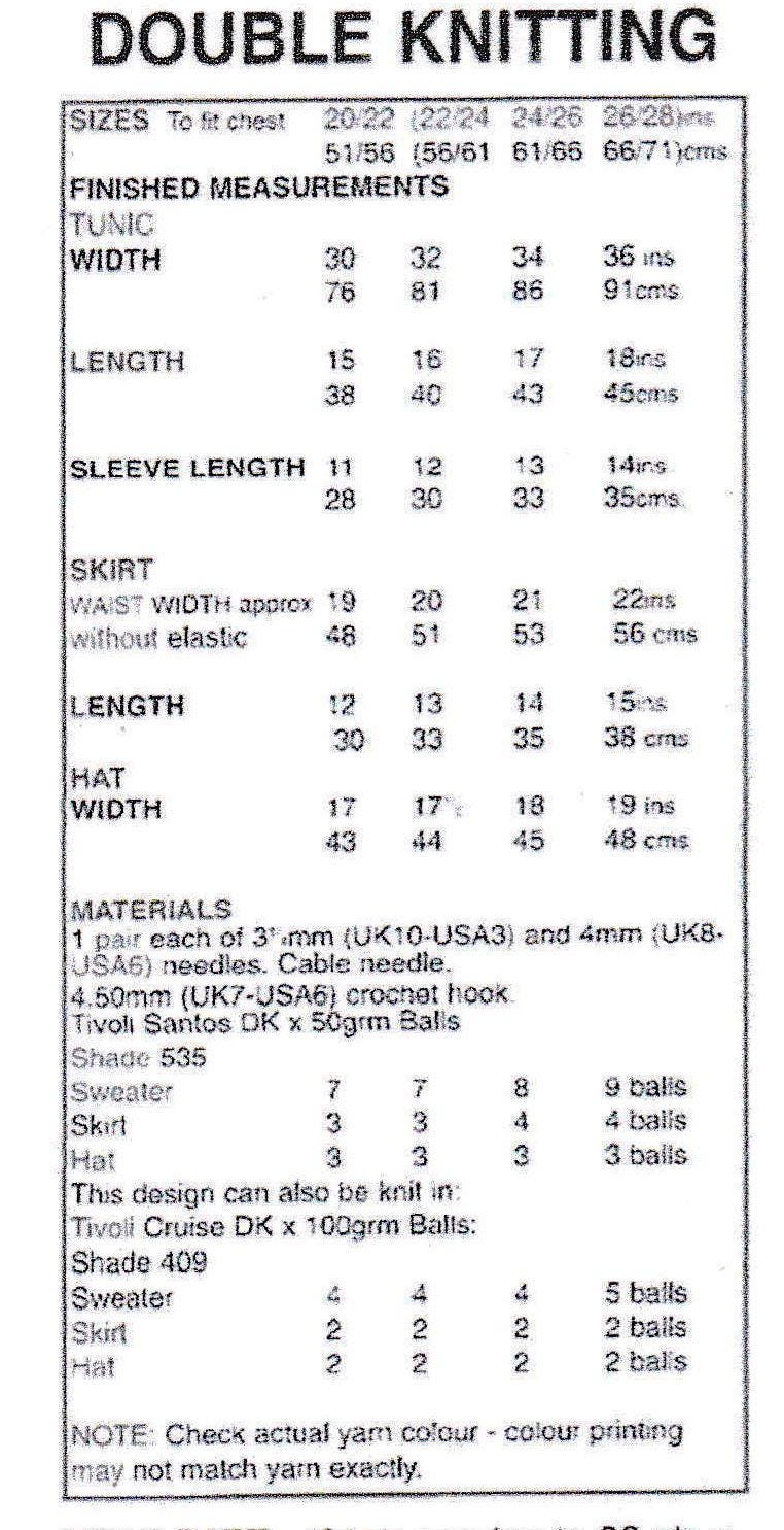 Girls Roll neck cable mesh Tunic-sweater skirt & Paddington hat 30"-36" DK 8 Ply Light worsted PDF download Knitting Pattern