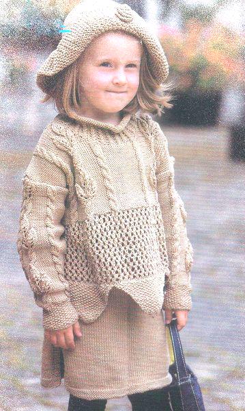 Girls Roll neck cable mesh Tunic-sweater skirt & Paddington hat 30"-36" DK 8 Ply Light worsted PDF download Knitting Pattern