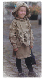 Girls Roll neck cable mesh Tunic-sweater skirt & Paddington hat 30"-36" DK 8 Ply Light worsted PDF download Knitting Pattern