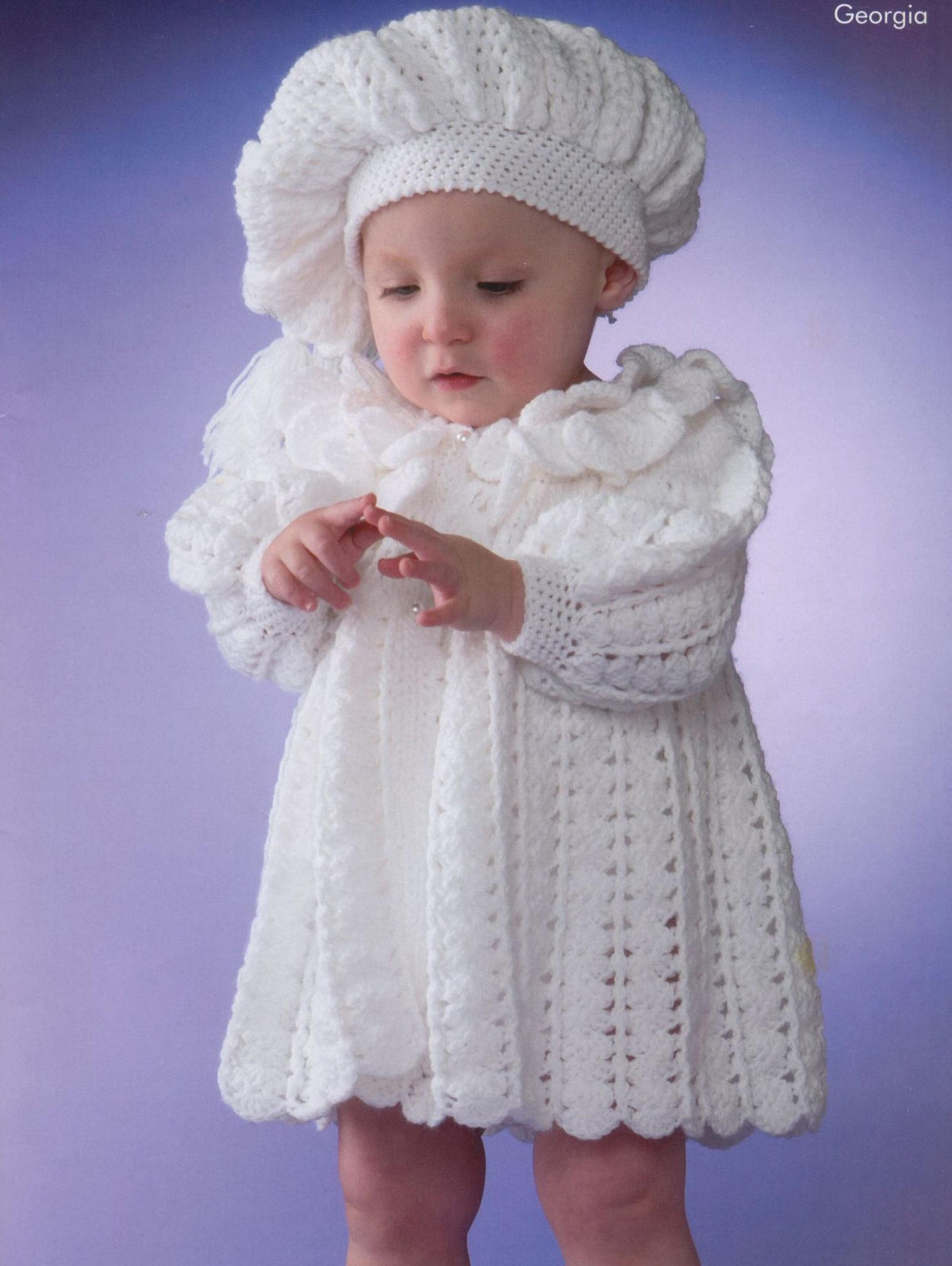 Little Girls Long Coat & Beret (hat) Crochet Pattern - Frilled Collar and fits 16"- 20" ( 0 -12 mths) DK 8 ply Light worsted- Download PDF