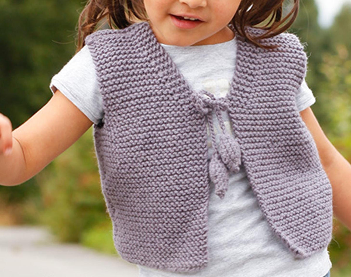 Easy Garter stitch Child's Waistcoat- sleeveless cardigan Tie front-in Chunky- Bulky 12 Ply wool- Fits 3-12yrs PDF Knitting Pattern Download