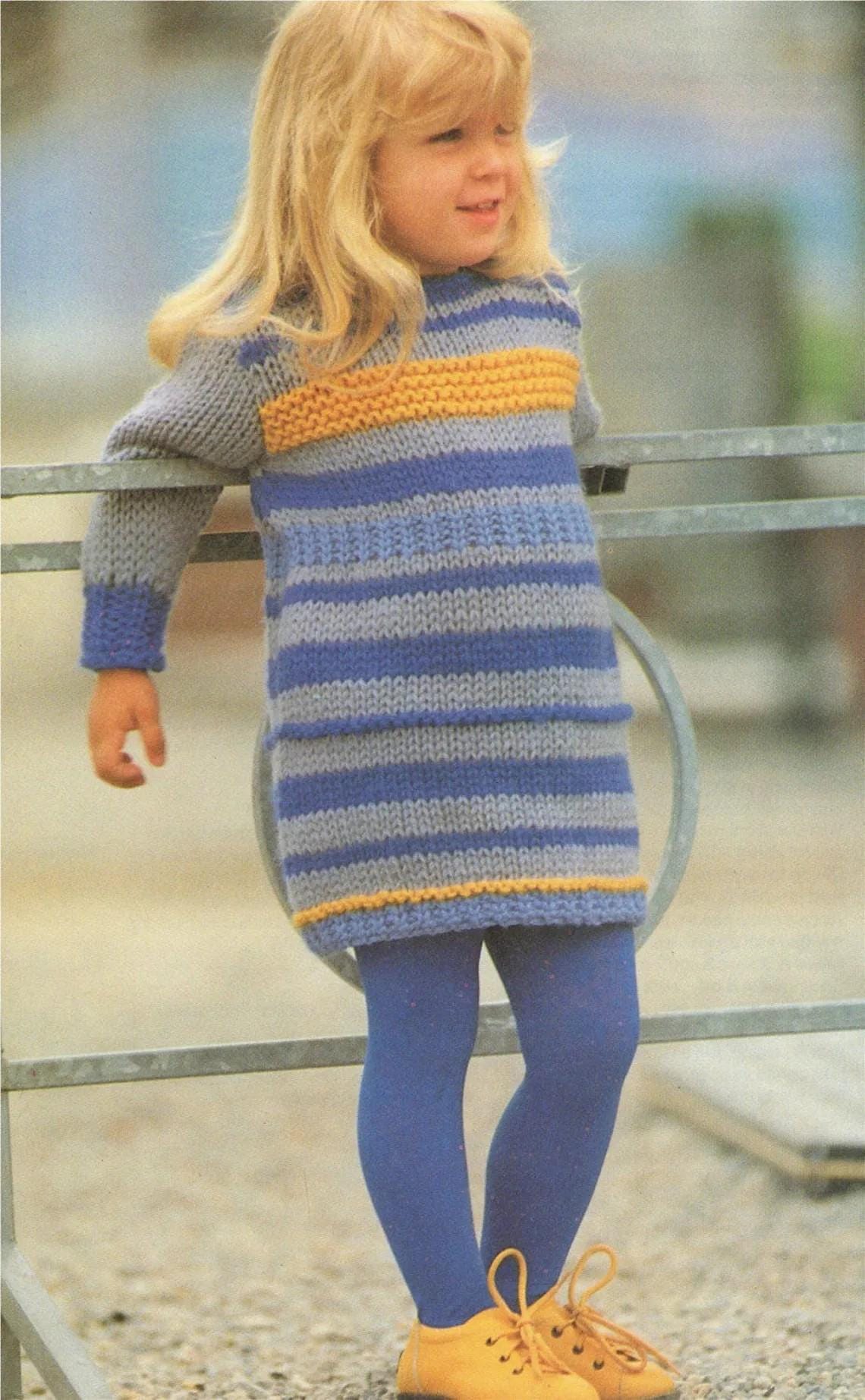 Baby Girl-Toddler Vintage Chunky Long sleeved dress Easy Quick Knit 22-27" - Chunky Bulky 12 ply wool needed -Knitting pattern  Download PDF