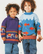 Boys Girl's Elephant-Circus & fish sweaters- round neck or collar-DK 8 PLY light worsted Yarn- chest 21" - 36" Knitting pattern download PDF