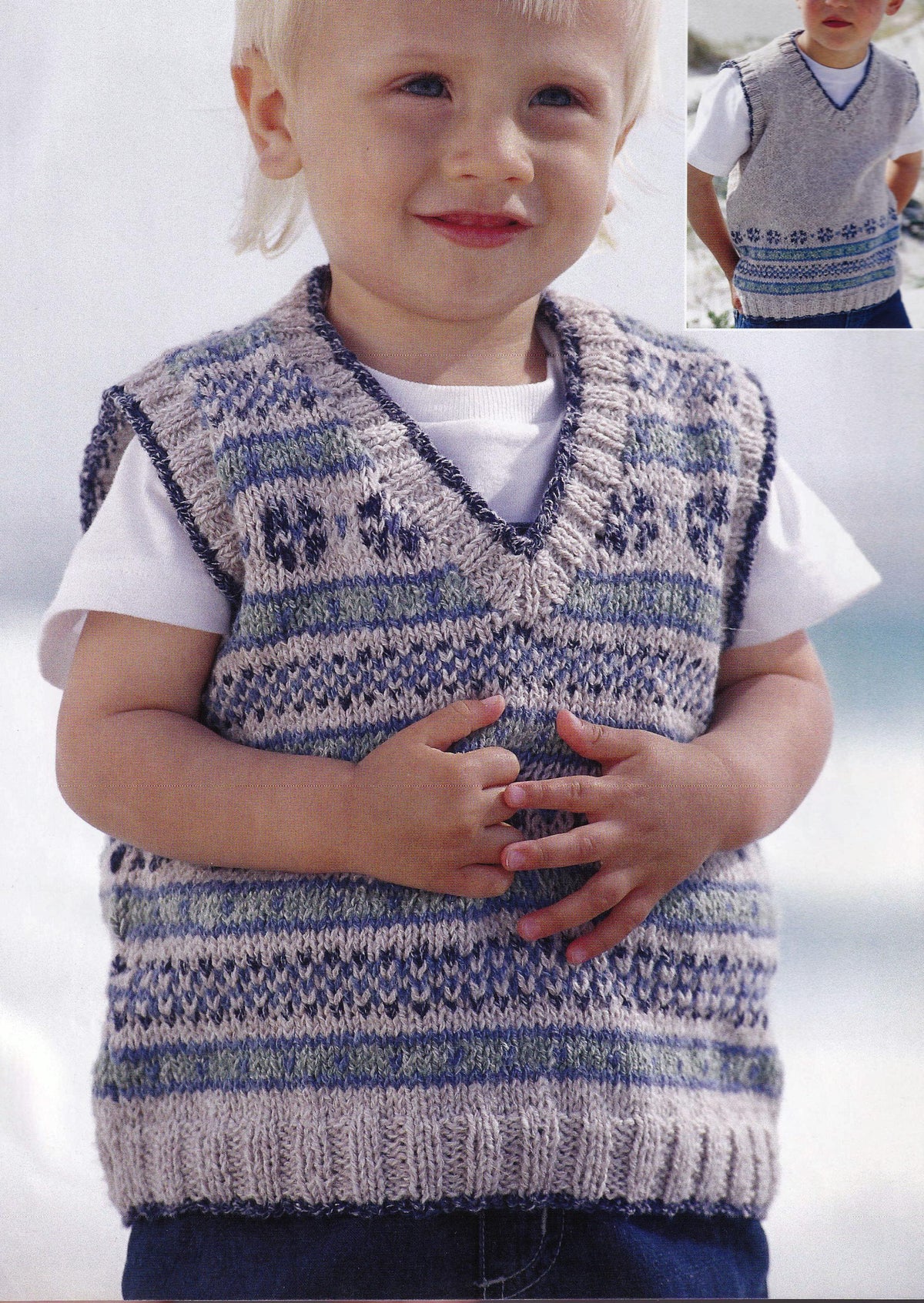 Boys fair isle V Neck Slipover Tank Top- 2 styles  in DK 8 Ply Wool -chest 20" -30" ( 6 months -10 yrs) Knitting pattern Download PDF