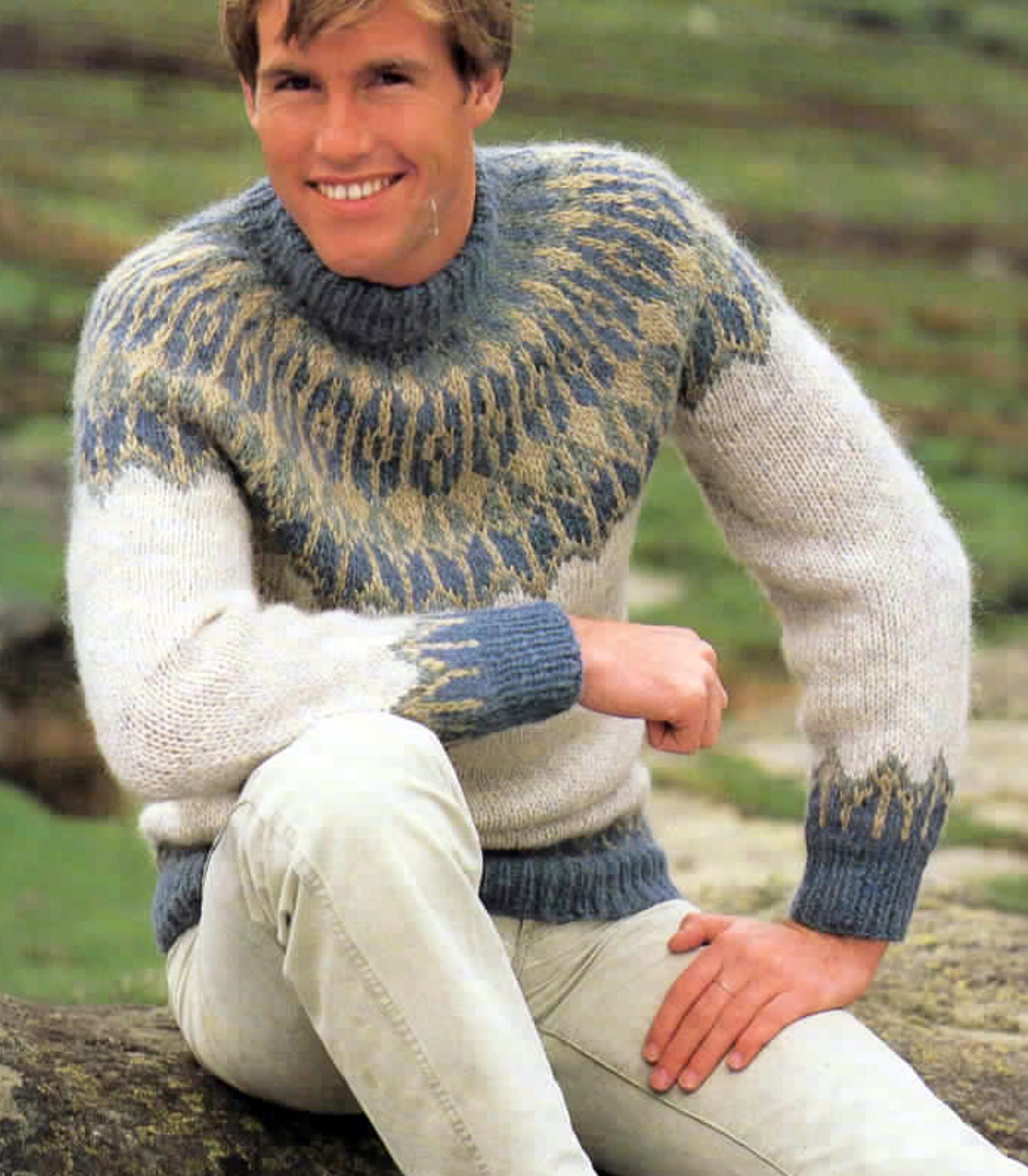 Mans Yoked Icelandic Jumper Knitting Pattern,Norwegian style Fair Isle