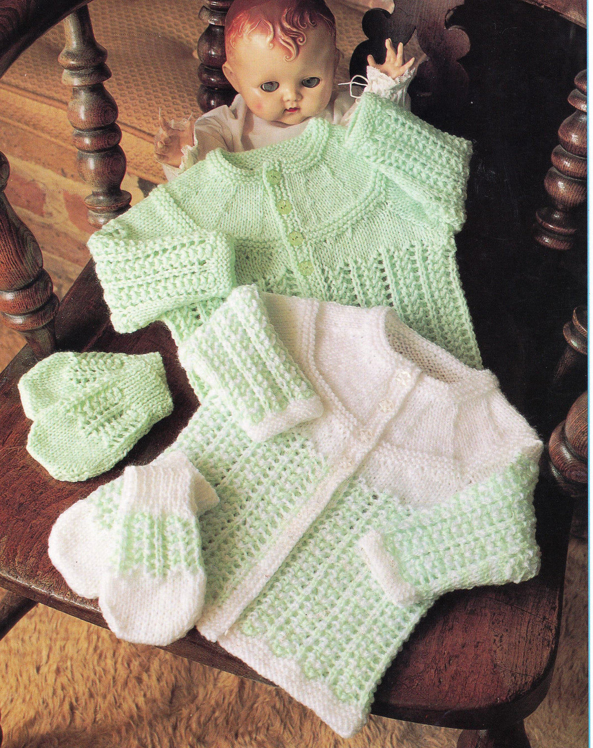 Baby Lacey Yoked Matinee Cardigans & mitts Knitting Pattern -DK-8ply(Light Worsted yarn)  Download PDF -16-22" Suitable for boys or girls