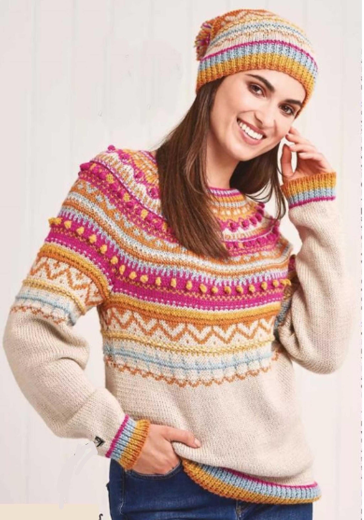 Woman's colorful Fair Isle Yoked Bobbled Sweater & Matching hat  Knits -Bust 71-117 cm DK 8 Ply   Wool PDF Download Knitting Pattern