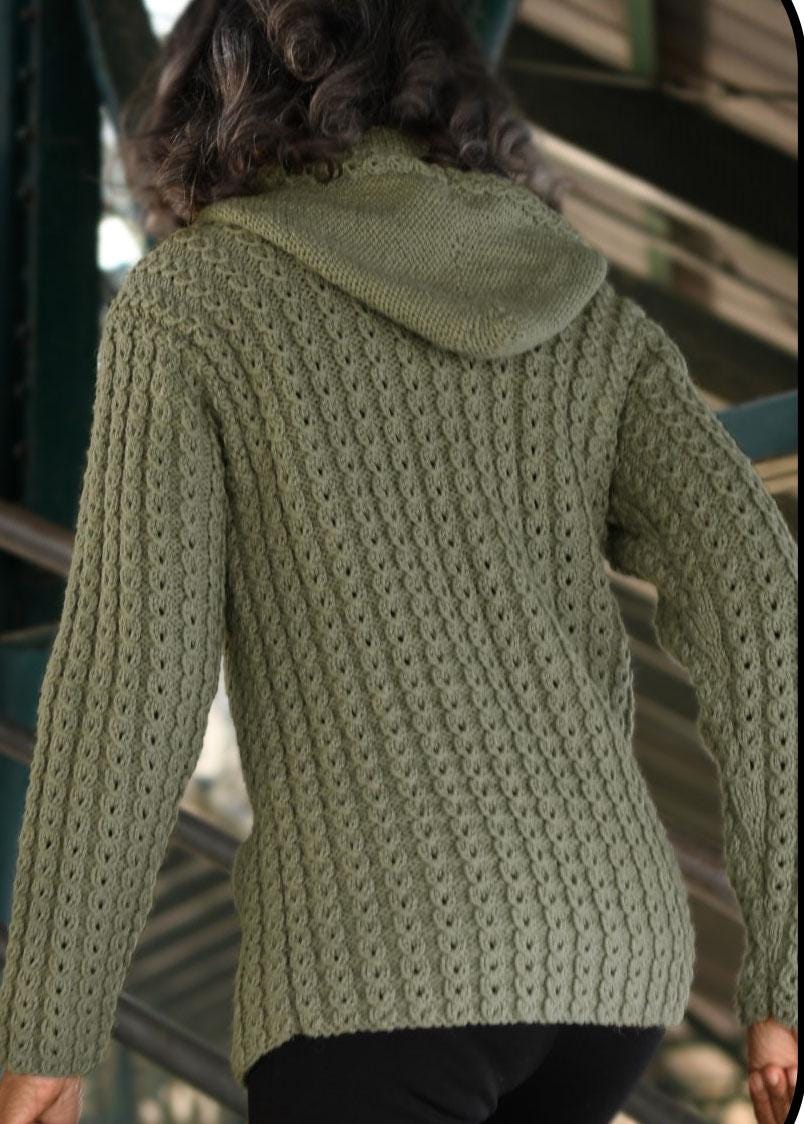 Womens Hooded Cable Rib Longline Cardigan Jacket Pockets Hood 36"- 52" Larger Sizes Aran 10 Ply Worsted