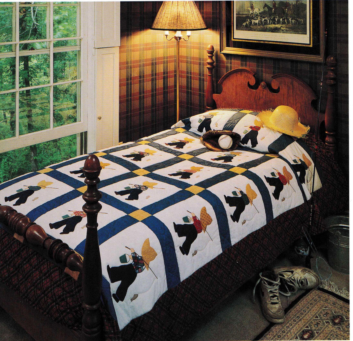 Fisherman Fred Patchwork Blocks Applique Boys Bed Quilt Bedspread Vintage Sunbonnet 73" x 94" ~ Quilt Sewing Pattern PDF download