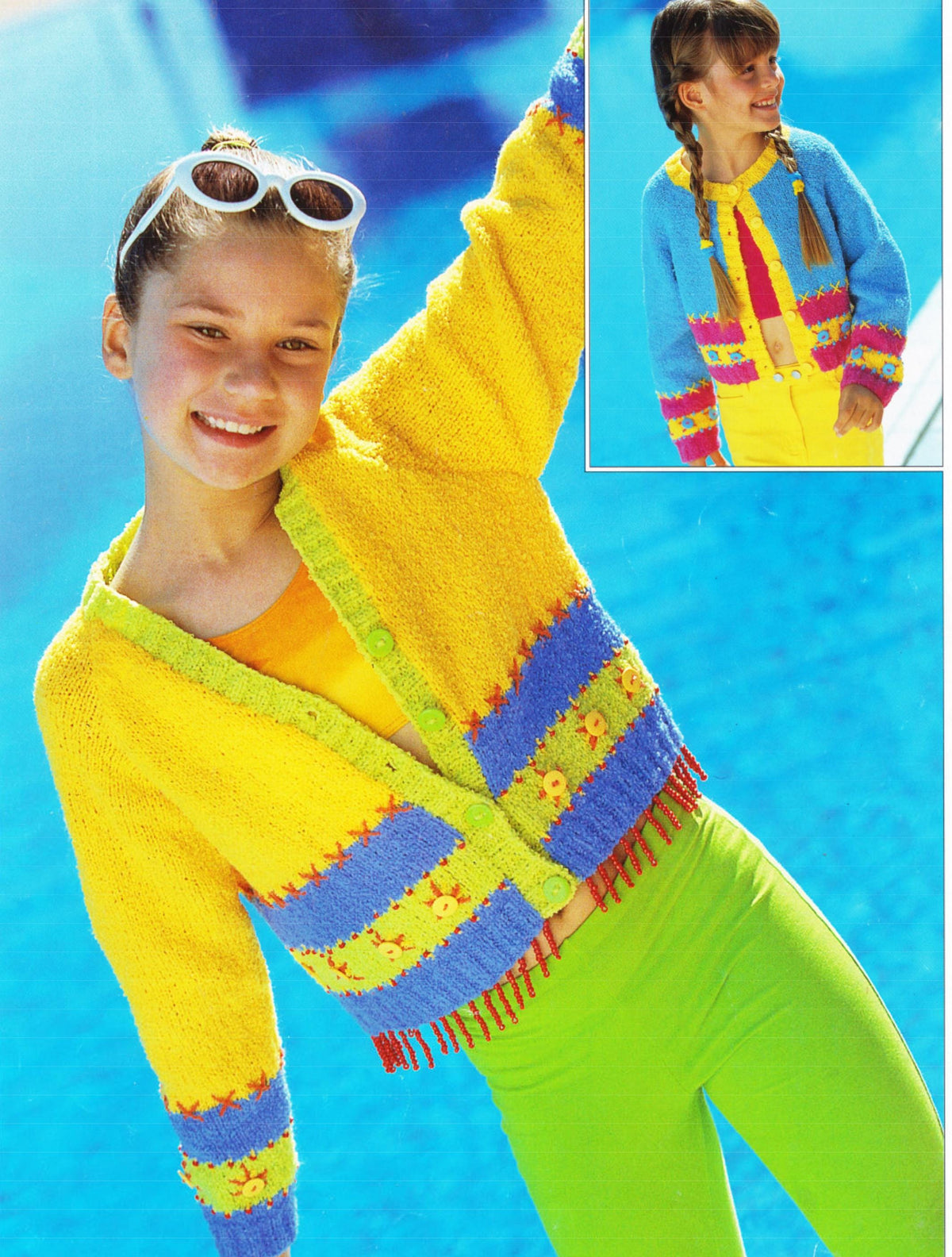 Girls Stripe V & Round Neck Cardigan Embroidery Bead Detail 22 - 32" 1 - 12 yrs ~ DK 8 Ply Light Worsted Knitting Pattern pdf Download