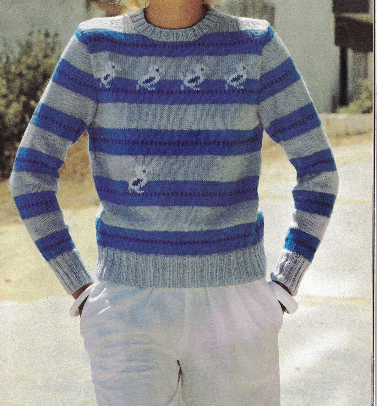 Women's Round Neck stripe Sweater Jumper with duck Motifs 32"-38"DK (8Ply)light worsted Yarn Knitting Pattern PDF download Vintage Knit
