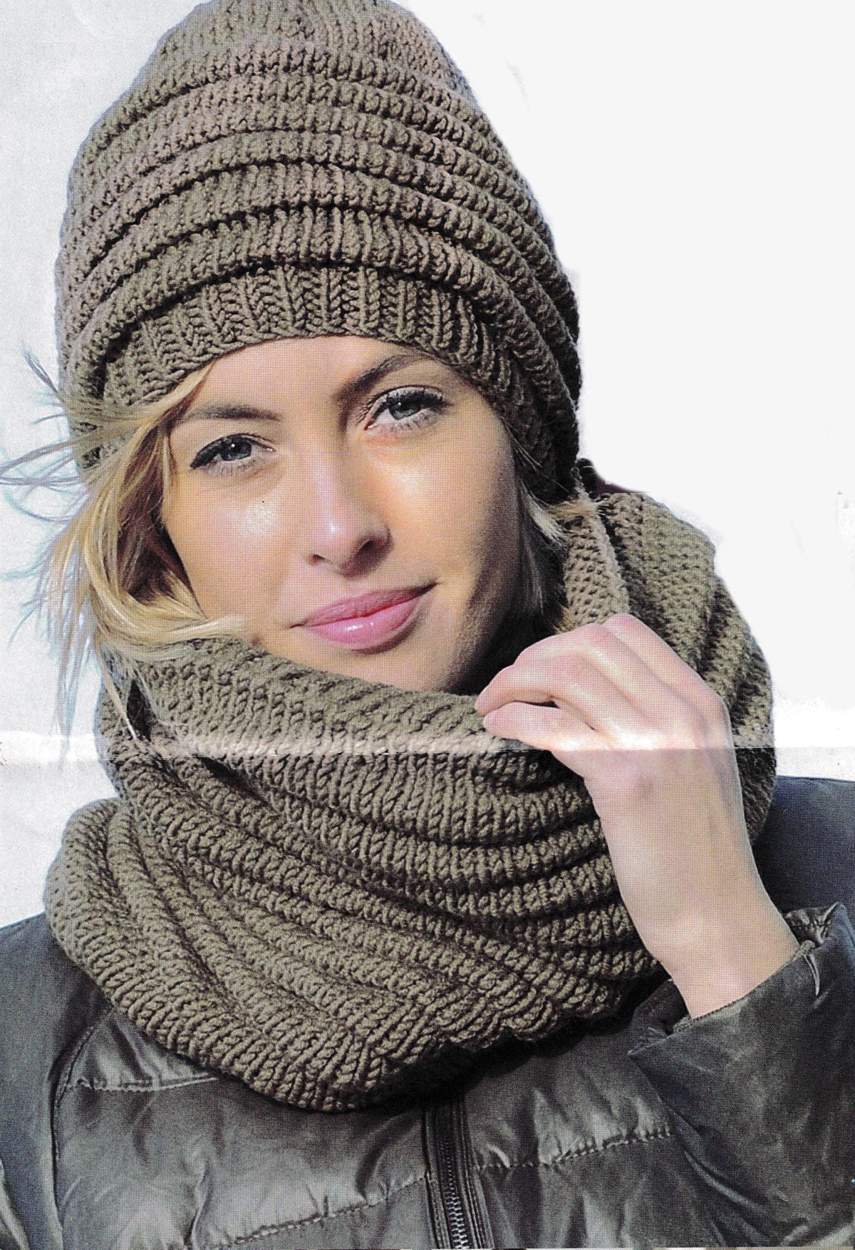 Woman's Chunky Knit Rib Hat & Cowl + Drop stitch Scarf- Womens ~ Chunky- Bulky 12 ply + Dk 8 ply Knitting Pattern PDF download Easy Knit