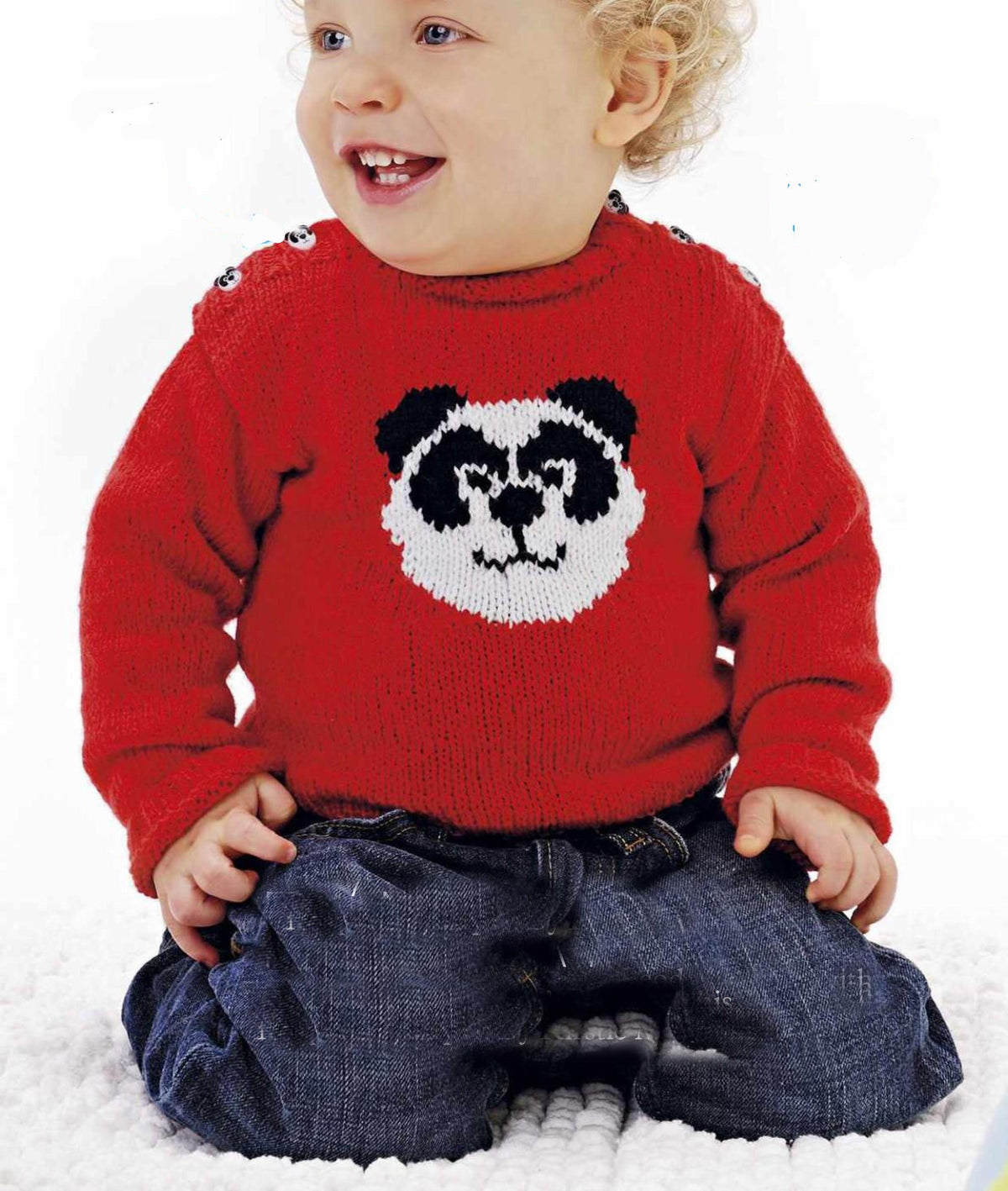Baby Panda Motif  Round Neck Button Shoulder Sweater Jumper 16"- 22" (0 - 2 years) ~ DK 8 PLY Knitting Pattern PDF Download Boys- Girls