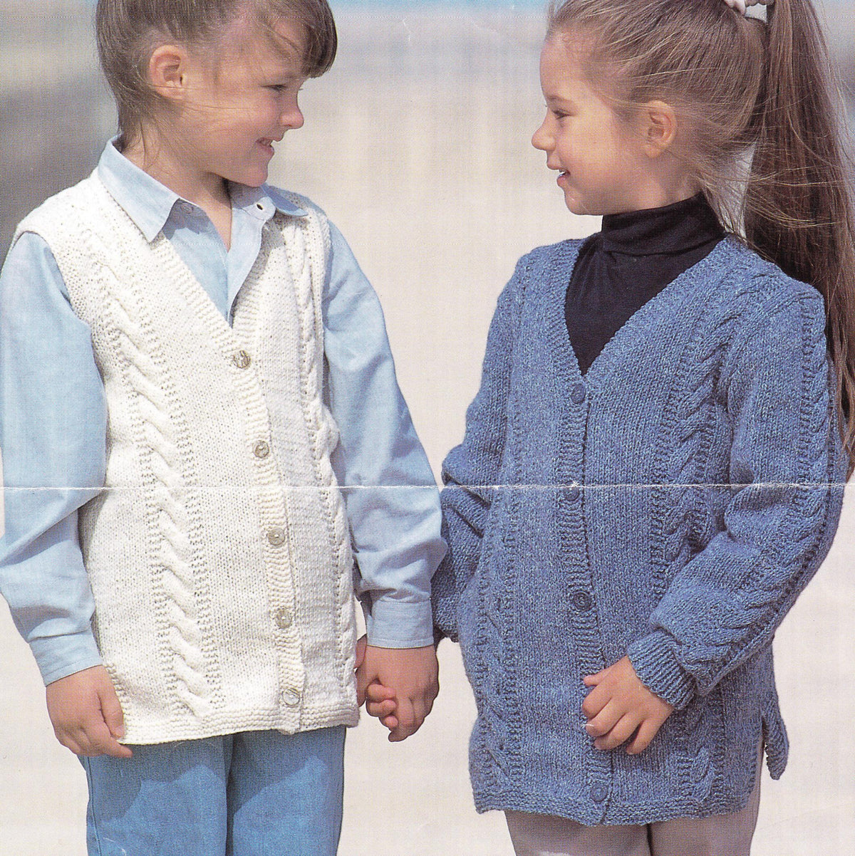 Child's Easy Long Cable Cardigan Jacket & V Neck Waistcoat