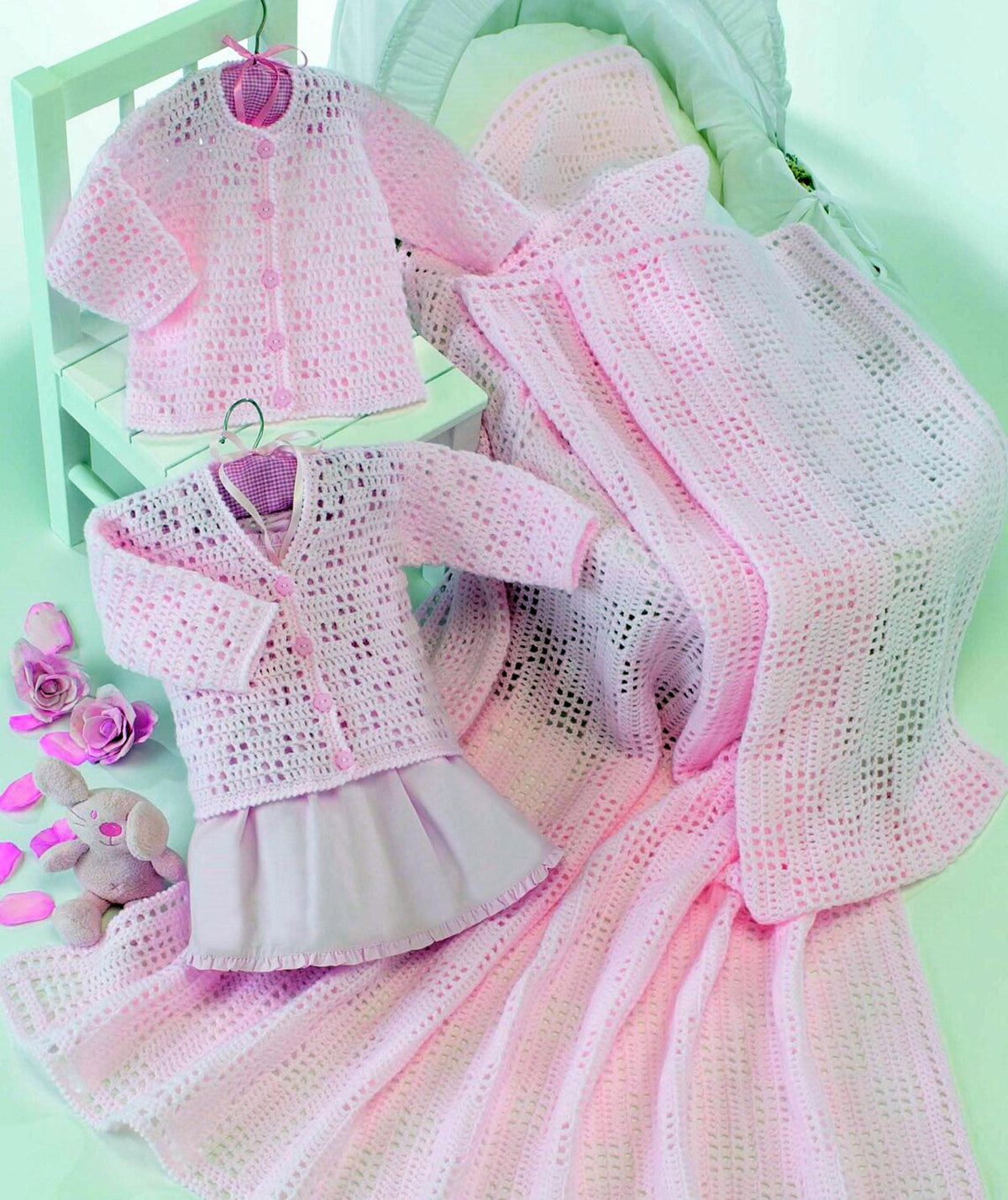 Baby Girl's  Crochet Round or V Neck Cardigan & Matching Shawl Blanket DK 8ply 16 - 26" (0 - 6 years) Crochet Pattern Download PDF