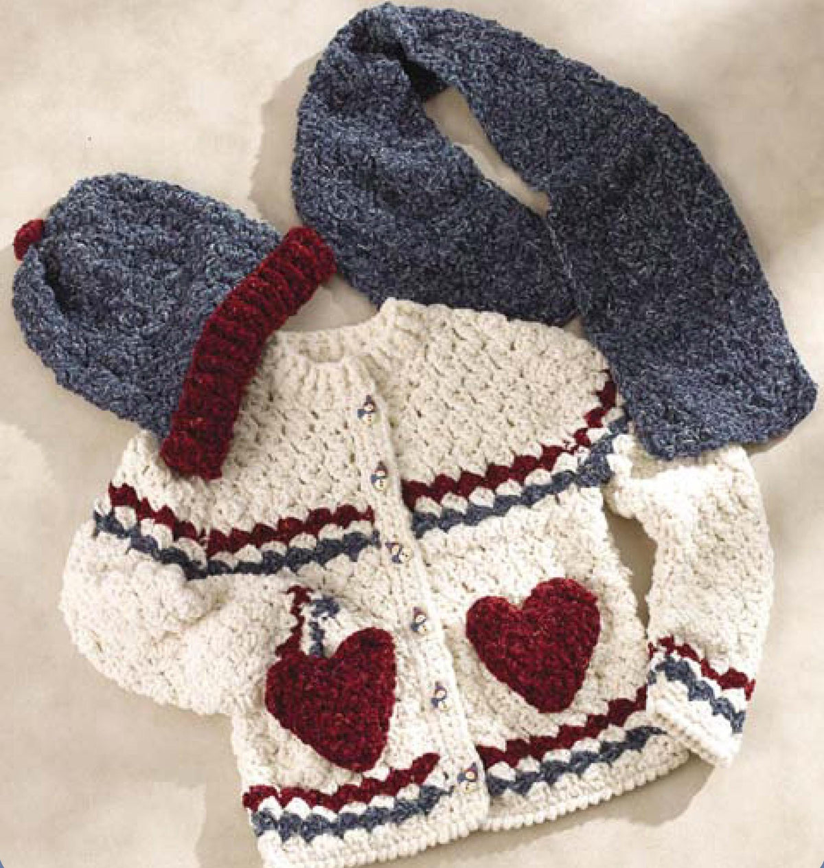Girl's Crochet Cardigan with Heart pockets -Hat & Scarf DK Download PDF 25"- 28"- Crochet pattern worsted weight chenille Yarn- see images