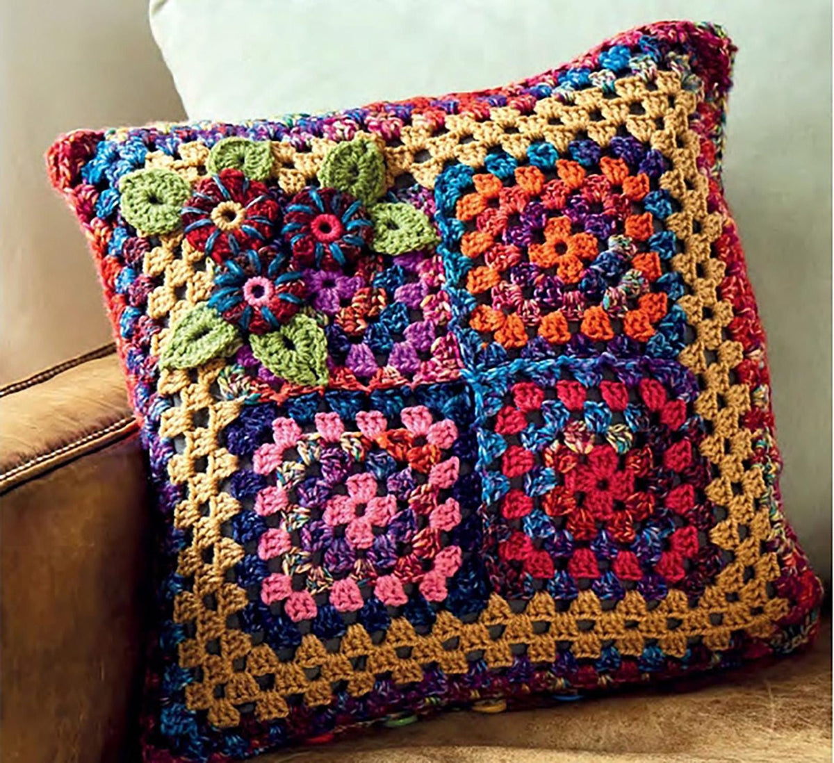 Granny Squares with flowers Cushion Cover 45 cm square - Aran 10 Ply (worsted) Crochet Pattern PDF download