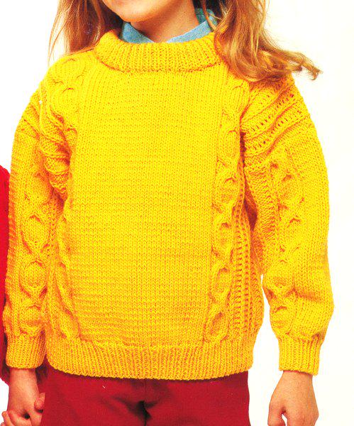 Easy Knit Aran Sweater Round Neck Cable Panel Boys Girls 24 - 32" Aran 10 Ply